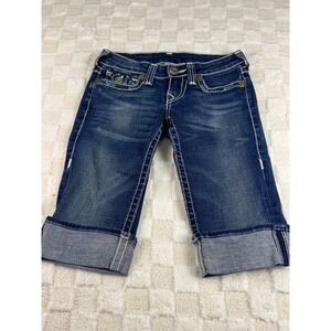 True‎ Religion Womens Blue Denim Capris Cropped Jeans Size 25 White Stitching